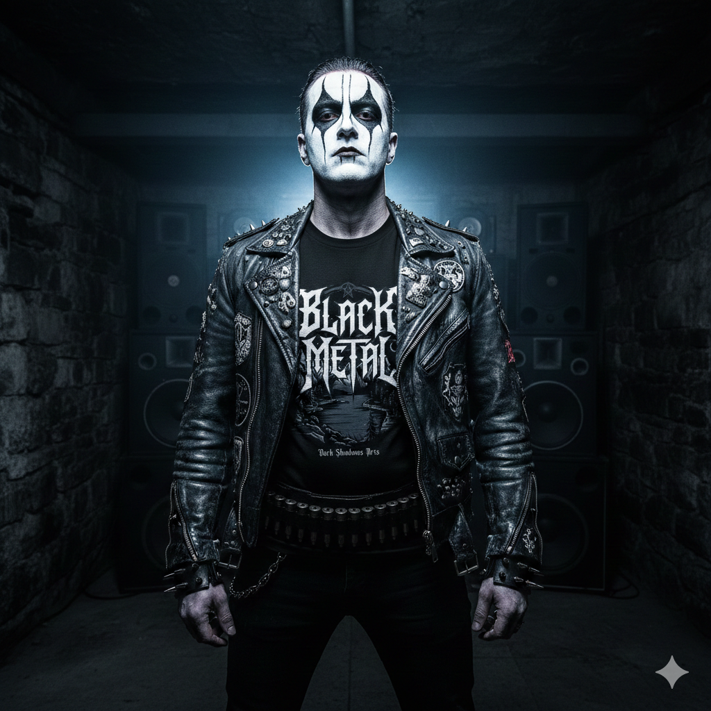 Ein Gothic-Model im Corpse-Paint-Look mit Patronengurt steht nachts im Wald und trägt das extreme "Black Metal" Premium Classix T-Shirt. Trve Kvlt und Underground Metal Mode von Dark Shadows Arts