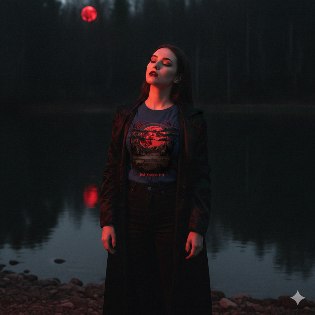 Ein nachdenkliches Goth-Model steht im sanften, roten Schein eines Blutmonds und trägt das "Blood Moon Silence" Premium Classix T-Shirt. Melancholische Schattenpoesie Mode von Dark Shadows Arts