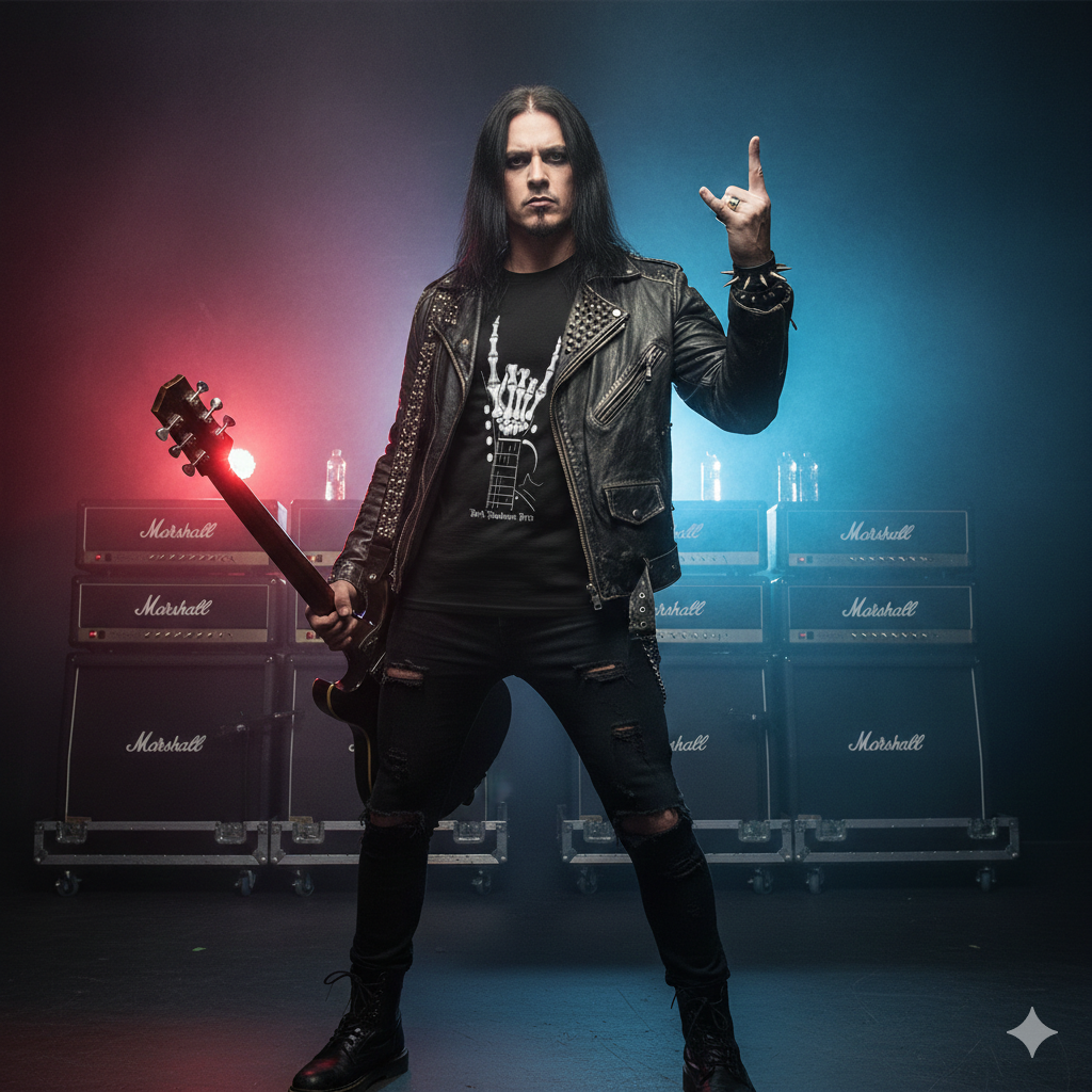 Ein Gothic-Model im Rockstar-Look steht im Bühnennebel vor Gitarrenverstärkern und trägt das "Bones of Rock" Premium Classix T-Shirt mit Skeletthand-Motiv. Exklusive Musik Mode von Dark Shadows Arts