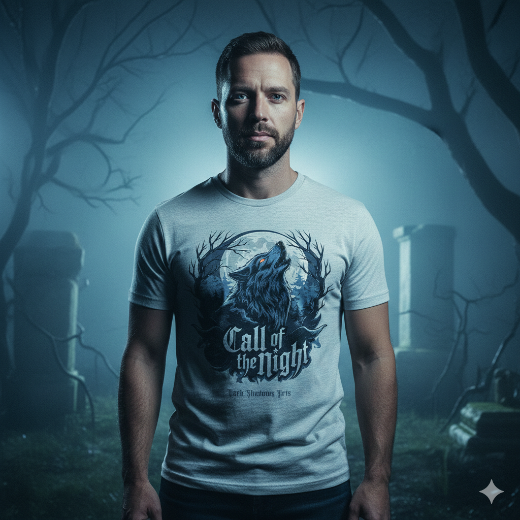 Schwarzes Premium Gothic T-Shirt mit dem Call of the Night Motiv aus der Dark Shadows Arts Classix Kollektion