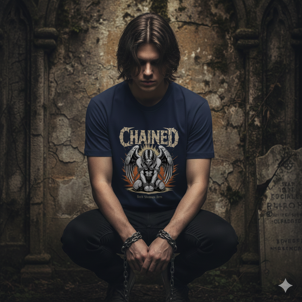 Kniendes Model in schwarzem Premium T-Shirt mit gefangenem Engel und brennender Aura vor einer antiken Steinwand.