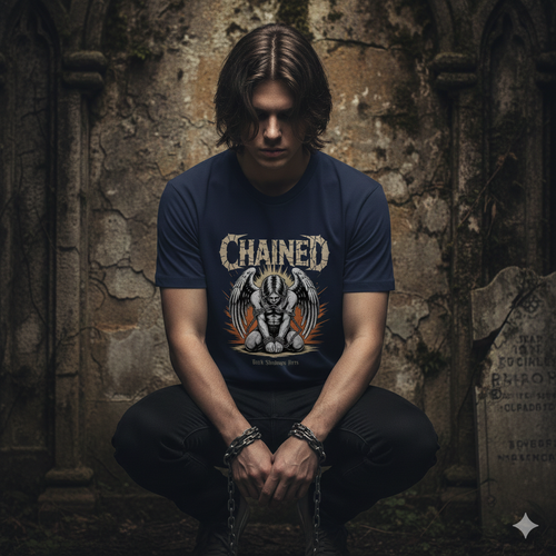 Kniendes Model in schwarzem Premium T-Shirt mit gefangenem Engel und brennender Aura vor einer antiken Steinwand.