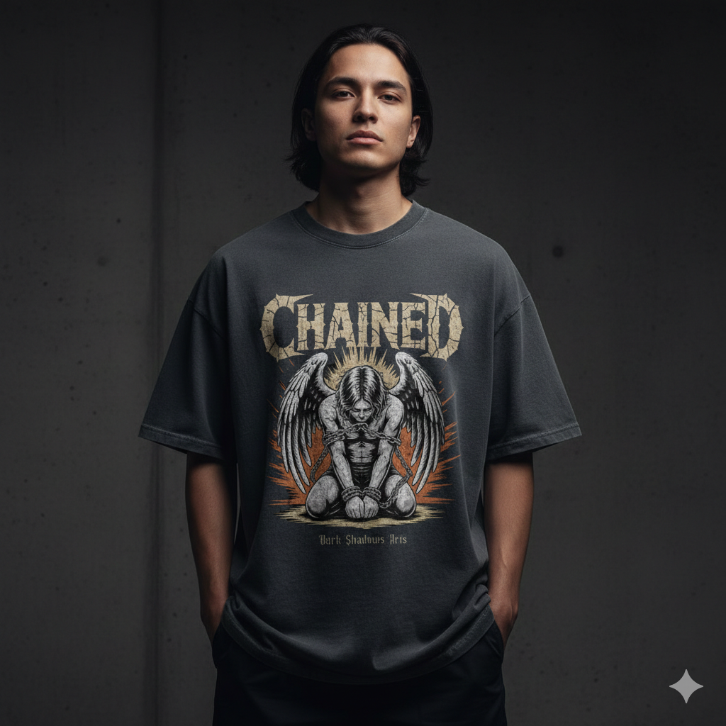 Frontalansicht eines schwarzen Oversized Shirts mit dem „Chained“ Brustdruck: Gefallener Engel in Ketten vor orangefarbenem Leuchten.