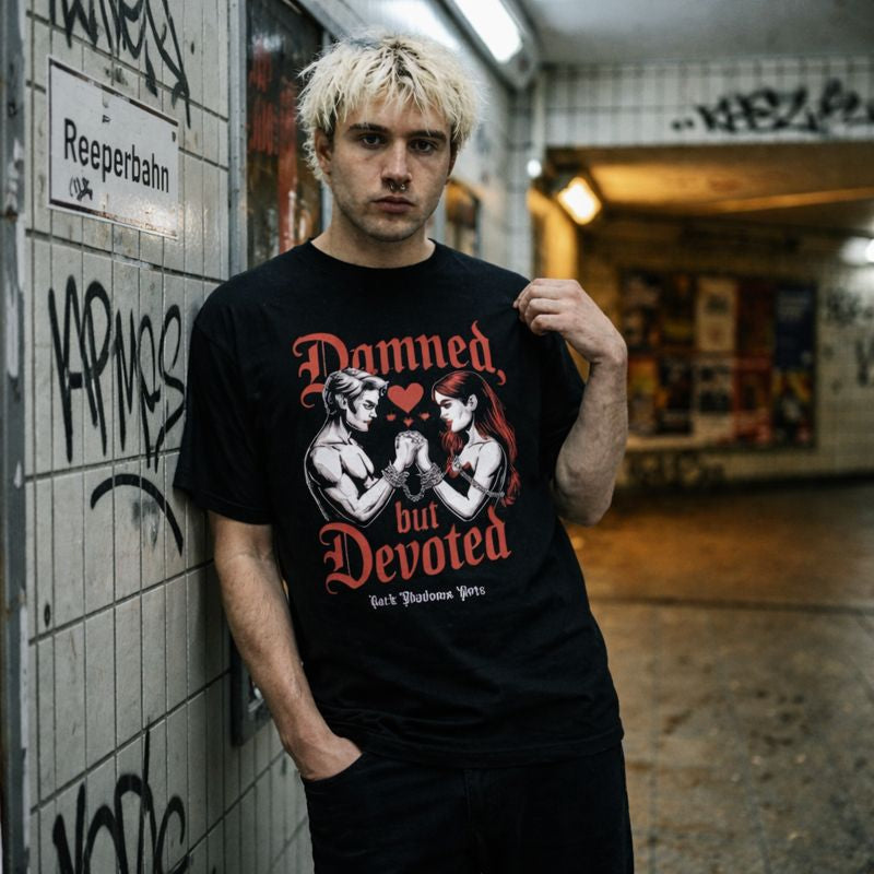 Mann in Hamburger U-Bahn-Station trägt schwarzes Oversized T-Shirt mit Damned but Devoted Print vor Graffiti-Wand