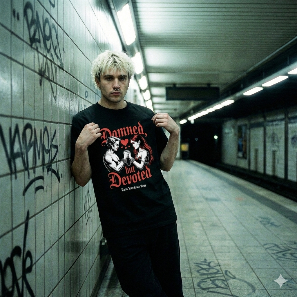 Junger Mann mit blonden Haaren in U-Bahn Station trägt schwarzes Oversized T-Shirt mit Damned but Devoted Print