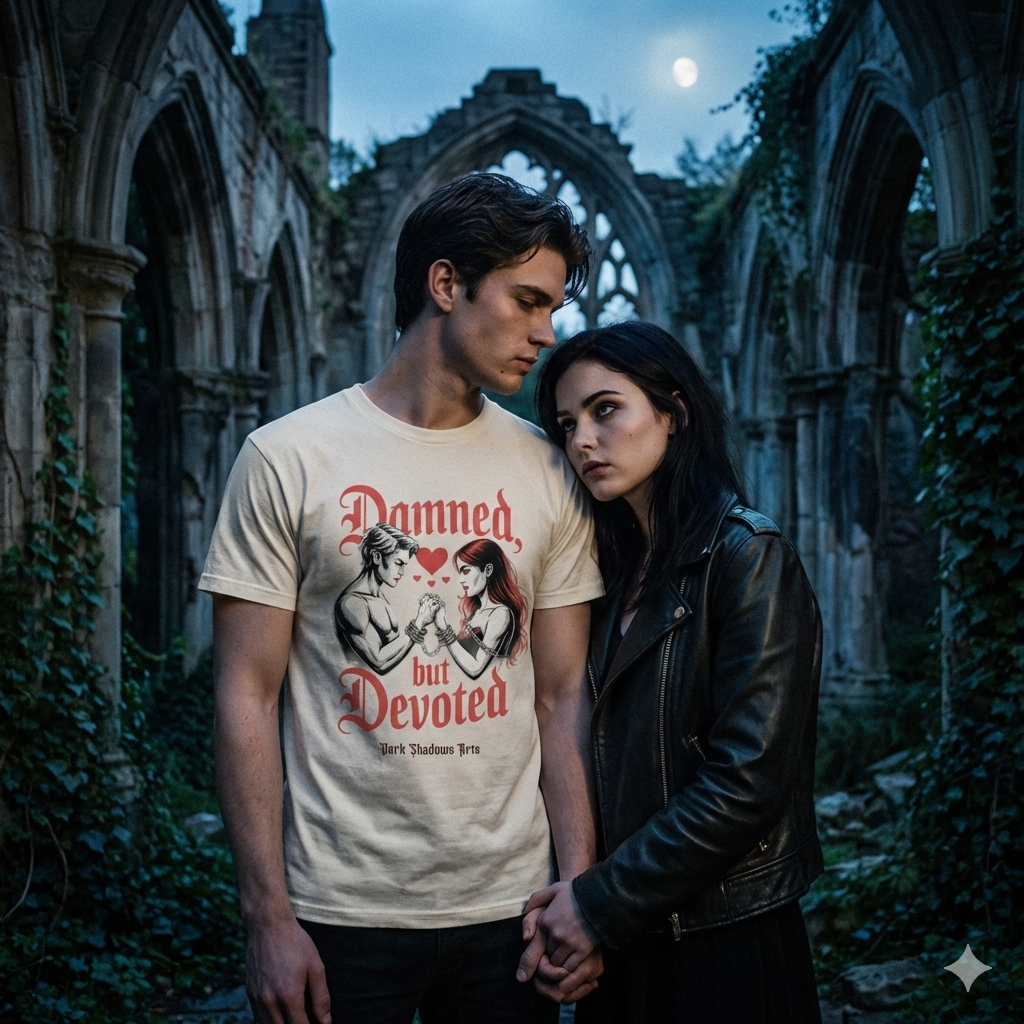 Junges Paar in gotischer Ruine, Mann trägt beiges T-Shirt mit "Damned but Devoted" Motiv, Frau in Lederjacke lehnt an ihm