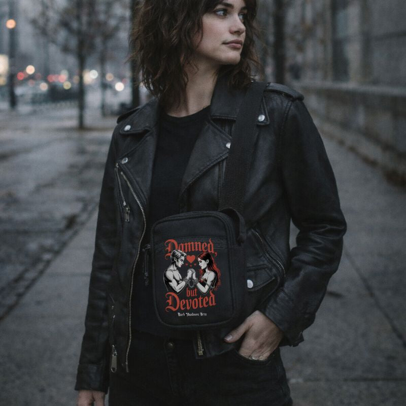 Model trägt Dark Shadows Arts Umhängetasche mit Gothic-Motiv „Damned but Devoted“, urbaner Street-Style, schwarze Crossbody-Bag im Dark-Romantic Look