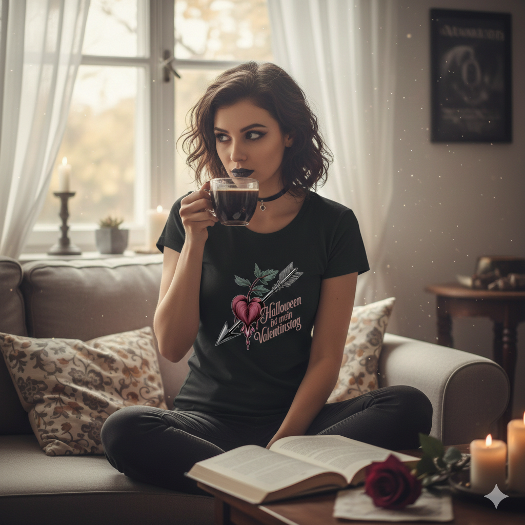 Frau mit schwarzem Lippenstift im Organic Gothic Shirt trinkt Kaffee auf Sofa bei Kerzenschein, Cozy Vibe