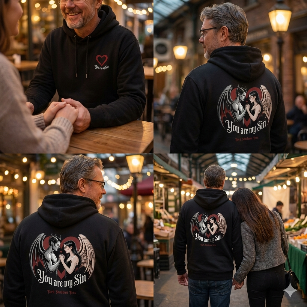 Glückliches Paar am Tisch hält Händchen, Mann trägt schwarzen Hoodie mit dezentem "You are my sin" Herz-Logo auf der Brust