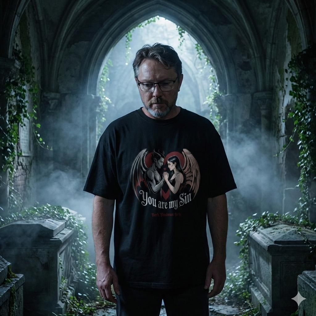 Mann in nebliger Ruine trägt schwarzes Oversized-Shirt mit Engel-Teufel-Print "You are my sin