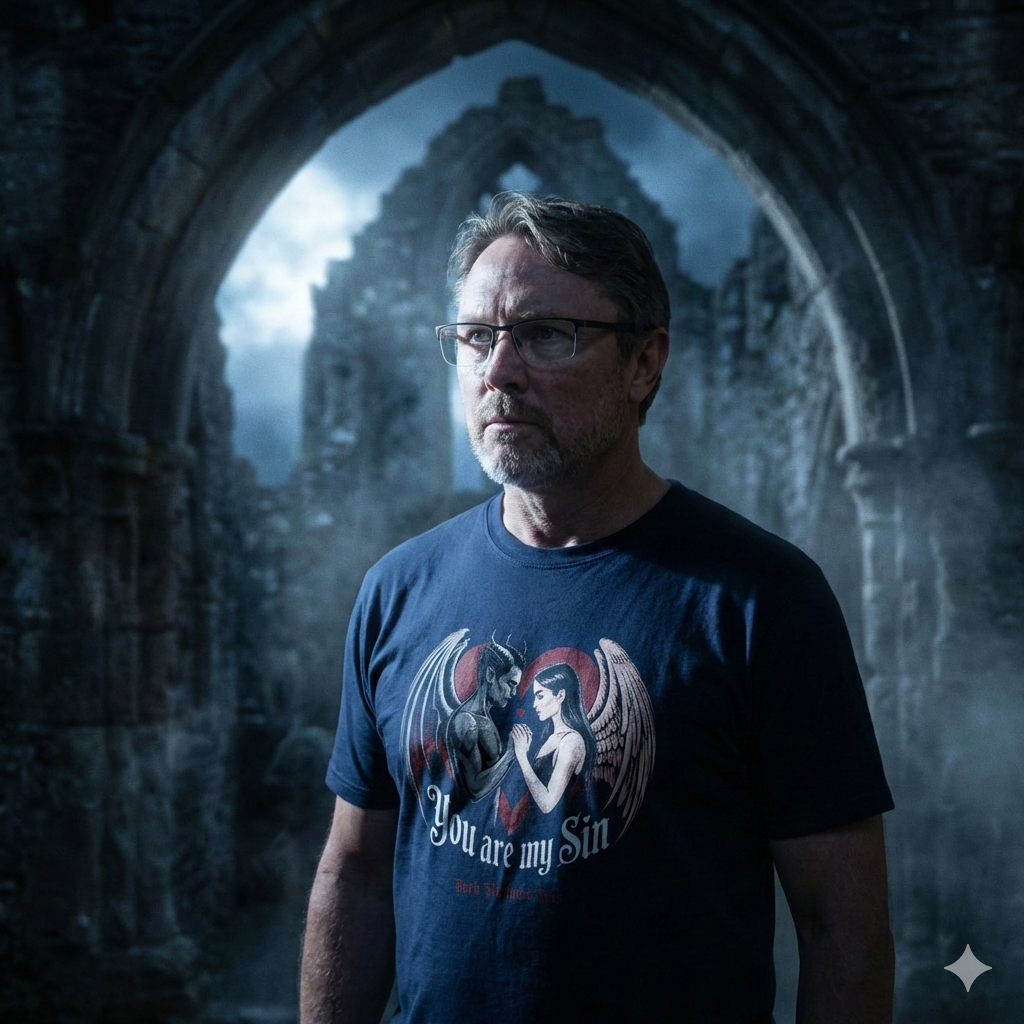 Mann mit Brille in Ruinen-Kulisse bei Mondlicht trägt dunkelblaues T-Shirt mit Engel-Teufel-Motiv "You are my sin