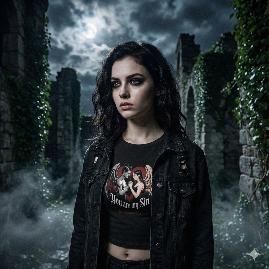 Frau im "You are my Sin" Cropped Tee in mondheller Ruine