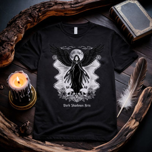 Dark Shadows Arts Premium T-Shirt in Schwarz mit gothic Engel-Illustration, Totenköpfen und Vollmondmotiv „Angel of Eternal Night“, Dark Romantic Classix Design für Gothic-Fans, Alternative Fashion und düstere Ästhetik.