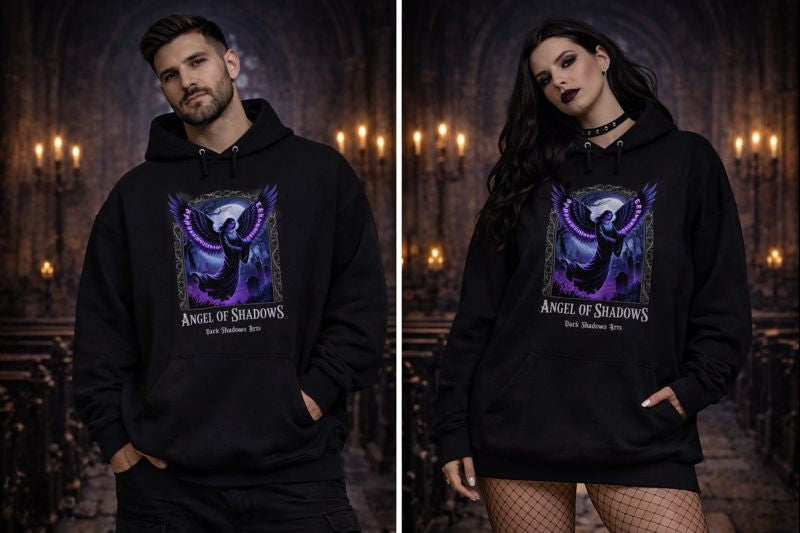 Oversized Hoodie mit Angel of Shadows Porträt von Dark Shadows Arts im düsteren Lifestyle-Setting
