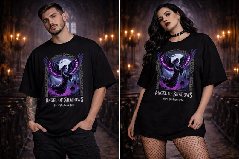 Oversized Shirt mit Angel of Shadows Porträt von Dark Shadows Arts im düsteren Lifestyle-Setting