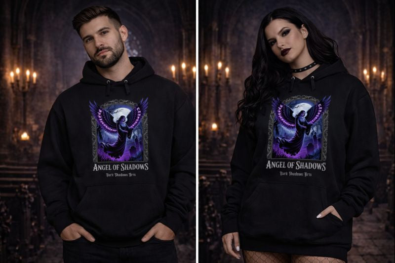Premium Hoodie mit Angel of Shadows Porträt von Dark Shadows Arts im ruhigen, dunklen Lifestyle-Look