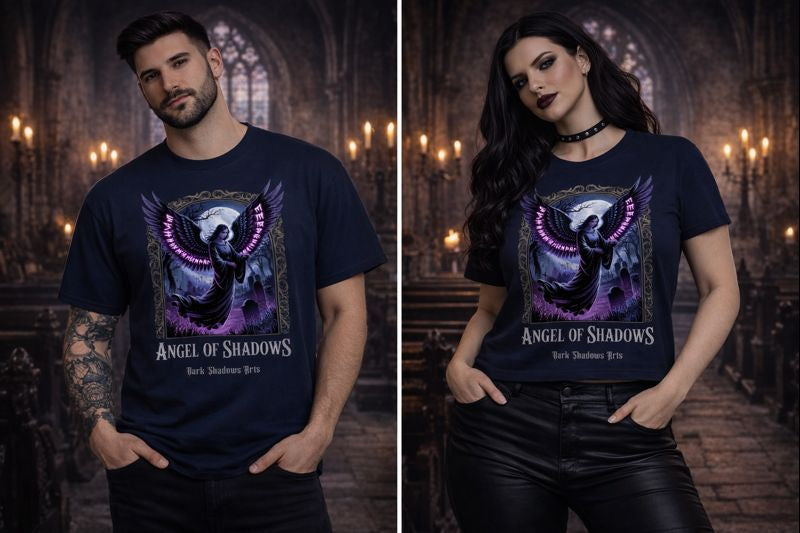 Premium T-Shirt mit Angel of Shadows Porträt von Dark Shadows Arts im düsteren, ruhigen Lifestyle-Look