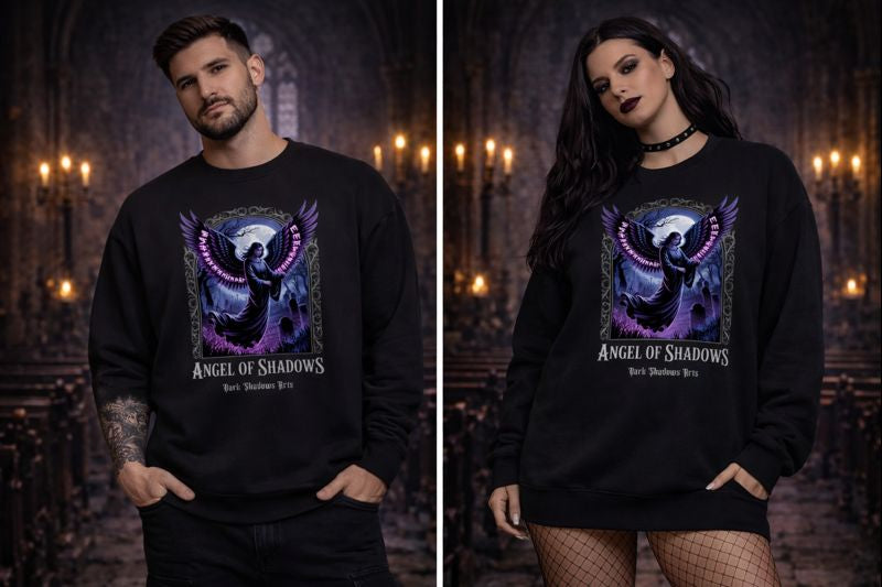 Sweatshirt mit Angel of Shadows Porträt von Dark Shadows Arts im ruhigen, dunklen Lifestyle-Setting