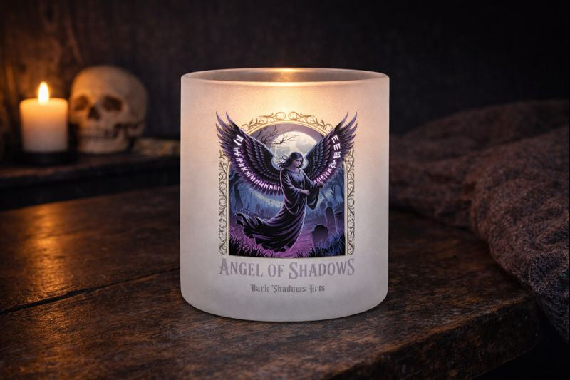 Satinierter Teelichthalter mit Angel of Shadows Symbol von Dark Shadows Arts im dunklen Wohnambiente