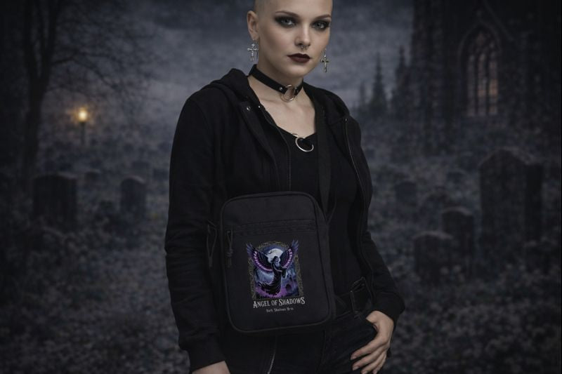 Umhängetasche mit Angel of Shadows Motiv von Dark Shadows Arts im dunklen, urbanen Lifestyle-Setting