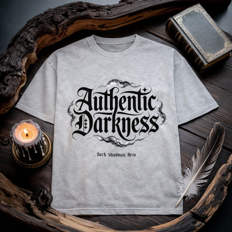 Dark Shadows Arts Premium Oversized T-Shirt „Authentic Darkness“ mit Gothic Typografie als Dark Ritual Mockup mit Kerze, Feder und Buch