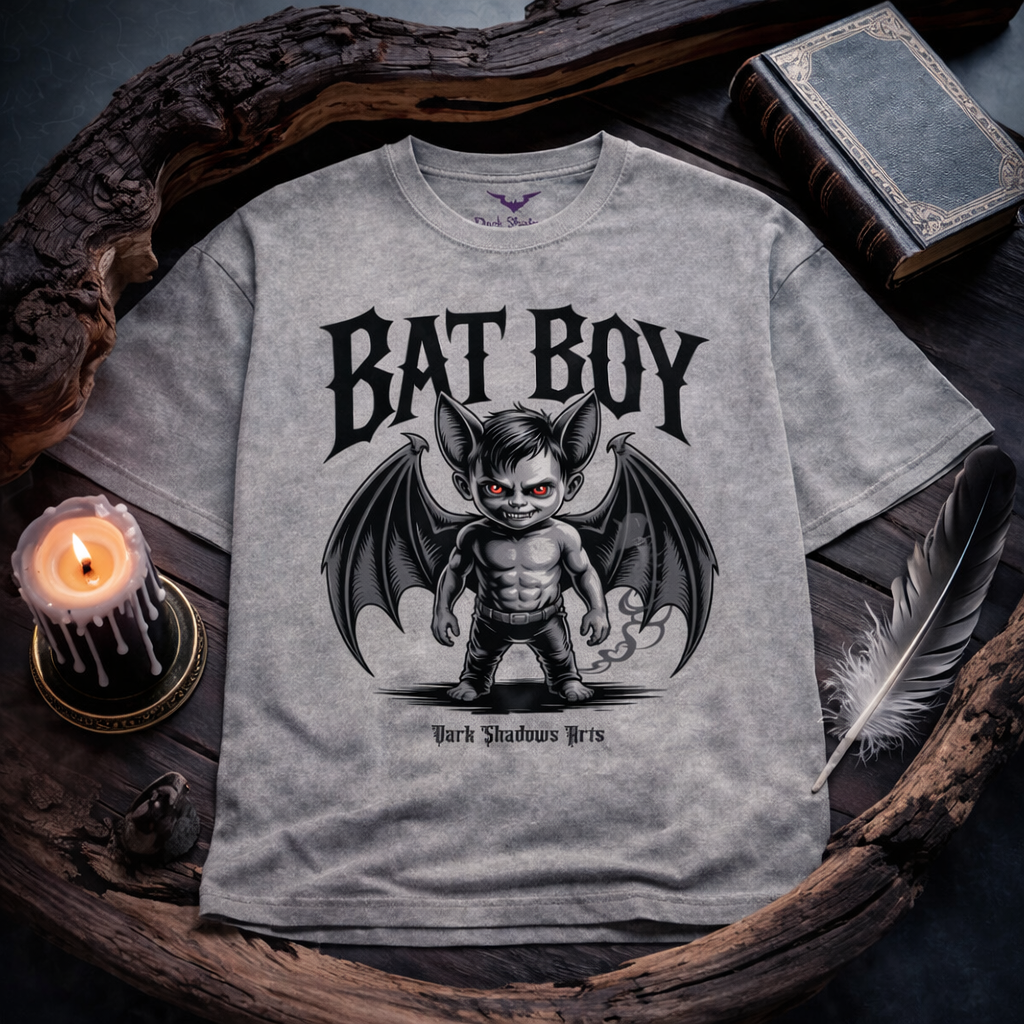 Dark Shadows Arts Bat Boy Infernal Kid Heavy Cotton Oversized Shirt in Grau mit dämonischem Fledermaus-Jungen, roten Augen und Gothic „Bat Boy“ Schriftzug – Lore & Legenden Kollektion
