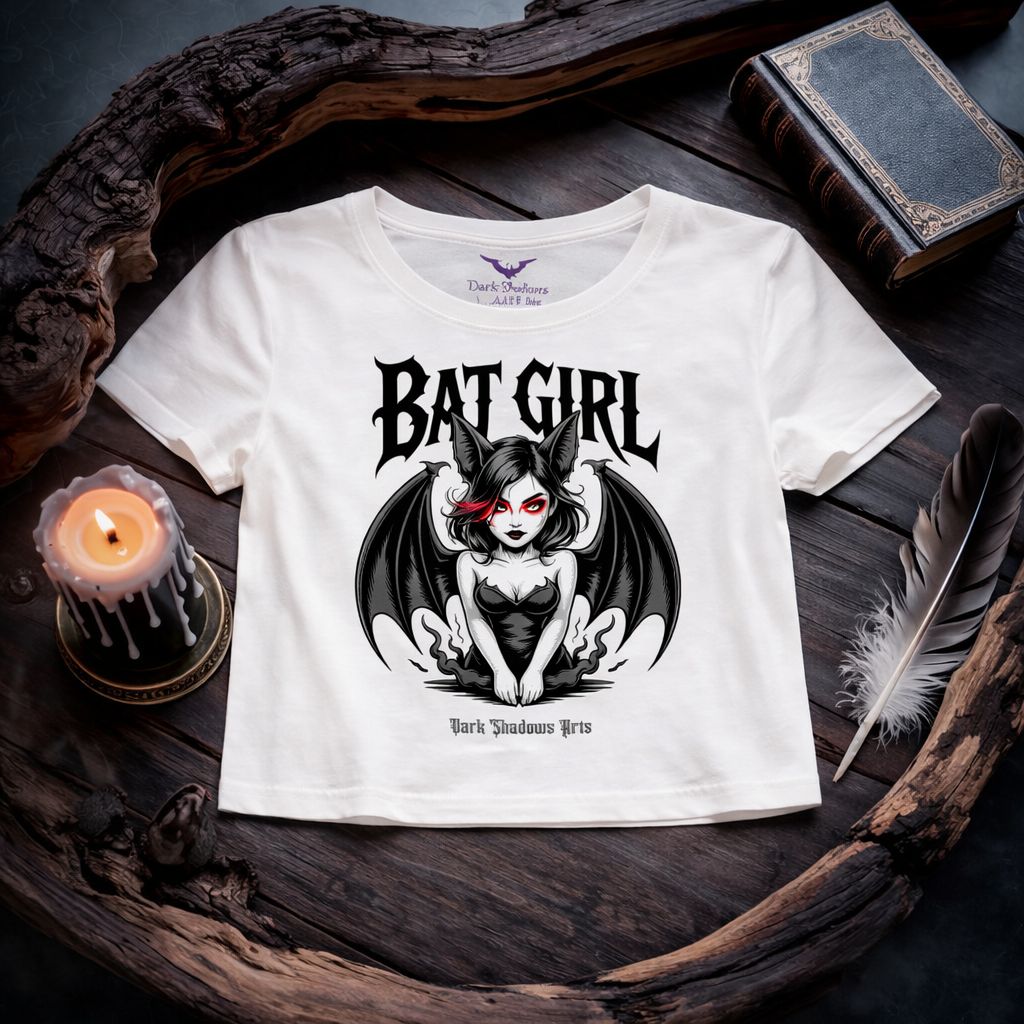 Dark Shadows Arts Bat Girl Crimson Eyes Ladies Cropped Tee in Weiß mit dämonischer Fledermaus-Frau, roten Augen und Gothic „Bat Girl“ Schriftzug – Lore & Legenden Kollektion