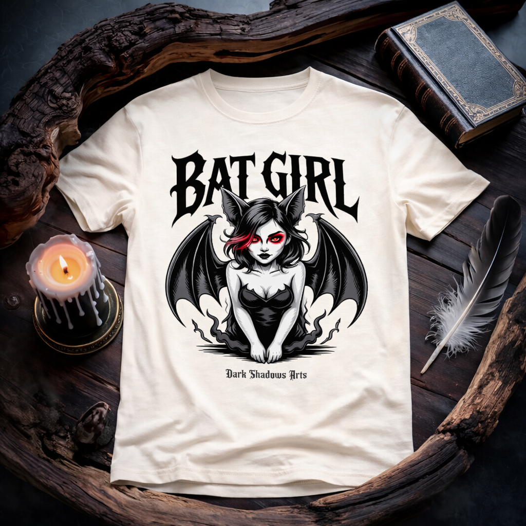Dark Shadows Arts Bat Girl Crimson Eyes Premium T-Shirt in Creme mit dämonischer Fledermaus-Frau, roten Augen und Gothic „Bat Girl“ Schriftzug – Lore & Legenden Kollektion
