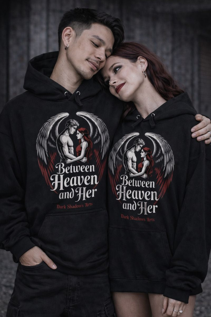 Oversized Hoodie mit Between Heaven and Her Motiv von Dark Shadows Arts im intensiven Dark-Romantic-Setting