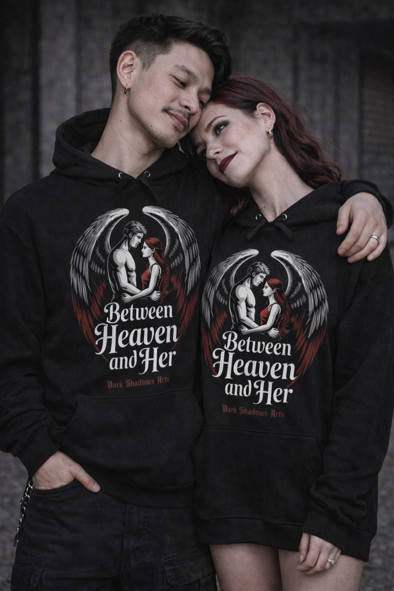 Premium Hoodie mit Between Heaven and Her Motiv von Dark Shadows Arts im emotionalen Dark-Romantic-Look