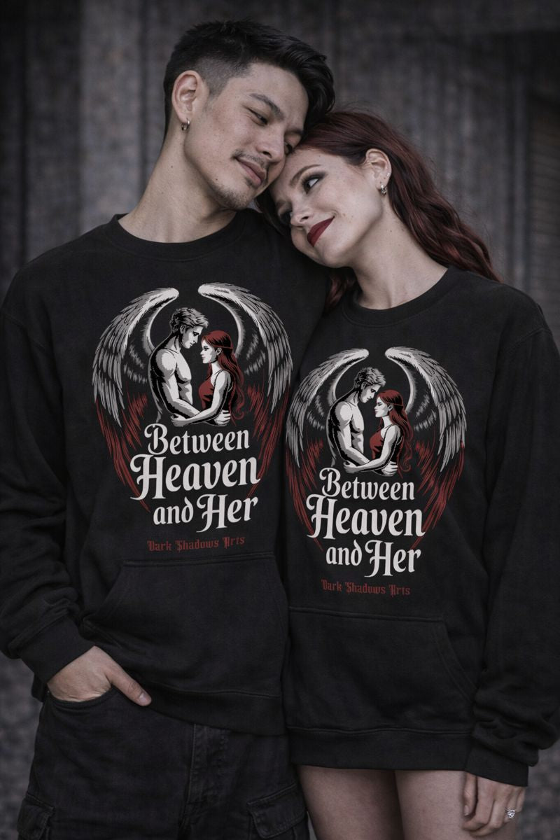 Sweatshirt mit Between Heaven and Her Motiv von Dark Shadows Arts im ruhigen Dark-Romantic-Setting