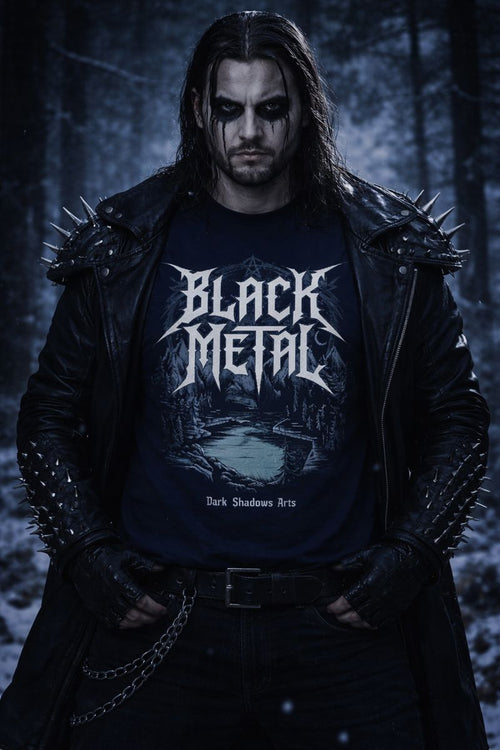 Dark Shadows Arts Black Metal T-Shirt mit Trve-Kvlt Schriftzug und düsterer Wald-Landschaft im Gothic Black Metal Stil