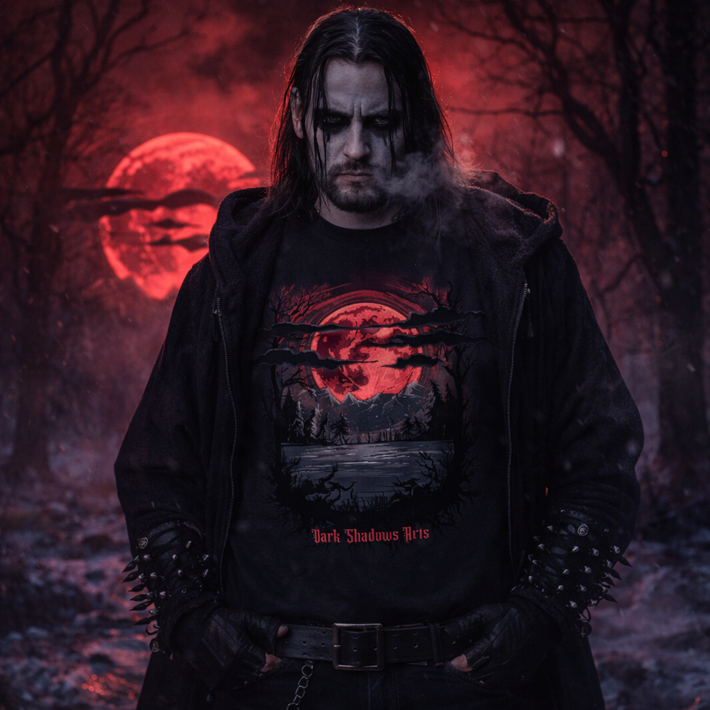 Dark Shadows Arts Blood Moon Silence T-Shirt mit rotem Blutmond, düsterem Wald und stiller Gothic Landschaft im Schattenpoesie Dark-Wave Stil