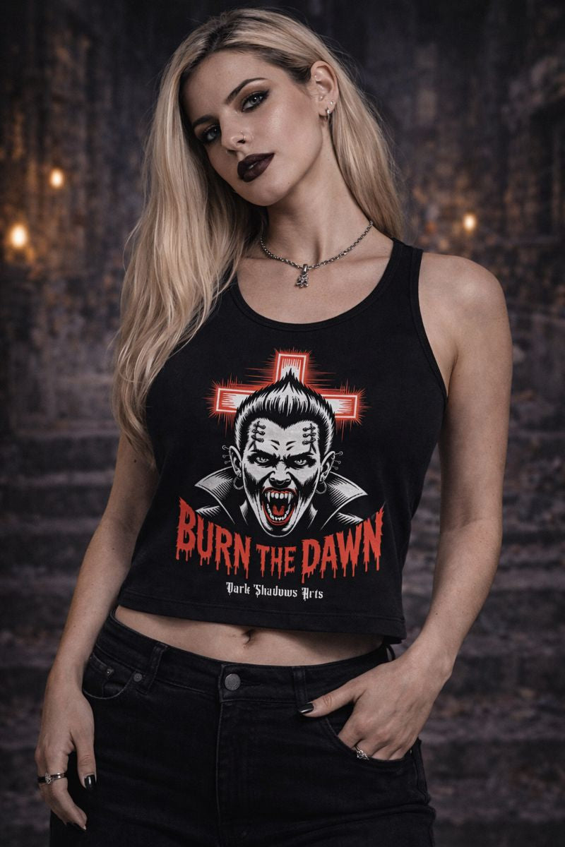 Classic Tanktop Women mit Burn the Dawn Vampirmotiv von Dark Shadows Arts im dunklen Szene-Look