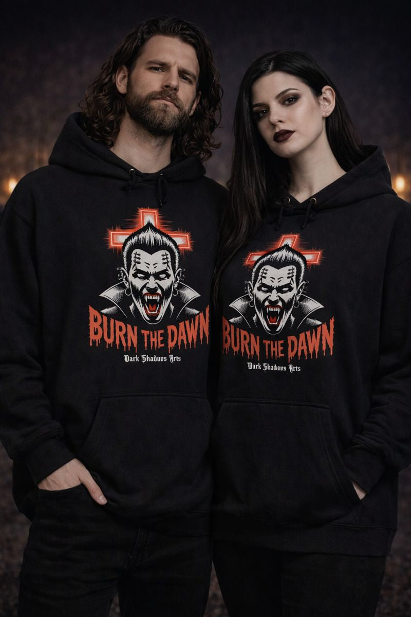 Oversized Hoodie mit Burn the Dawn Vampirmotiv von Dark Shadows Arts im dunklen Szene-Look