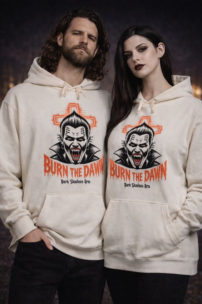 Premium Hoodie mit Burn the Dawn Vampirmotiv von Dark Shadows Arts im düsteren Nacht-Setting