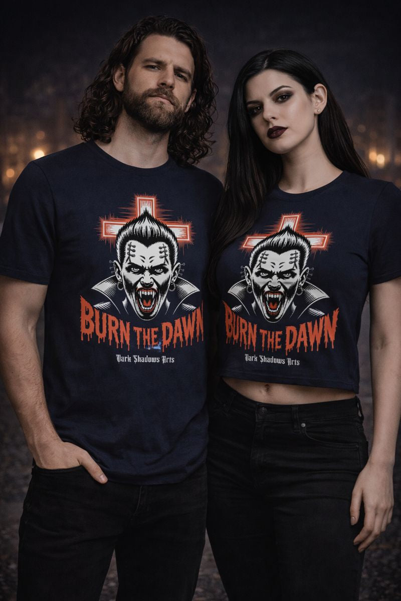 Premium T-Shirt mit Burn the Dawn Vampirmotiv von Dark Shadows Arts im dunklen Szene-Lifestyle