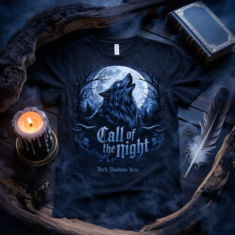 Dark Shadows Arts Premium Gothic T-Shirt in Schwarz mit heulendem Wolf vor Vollmond und Waldszenerie „Call of the Night“, Wächter & Legenden Design für Gothic-Fans, Naturmystik, Dark Fantasy und alternative Mode