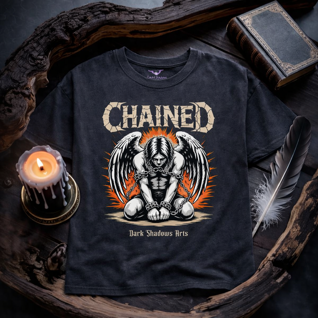 Dunkelgraues Heavy Cotton Oversized Shirt von Dark Shadows Arts mit Motiv Chained – Gefallener Engel, gefesselter Engel mit weißen Flügeln und dramatischem Orange-Glow im Gothic Stil