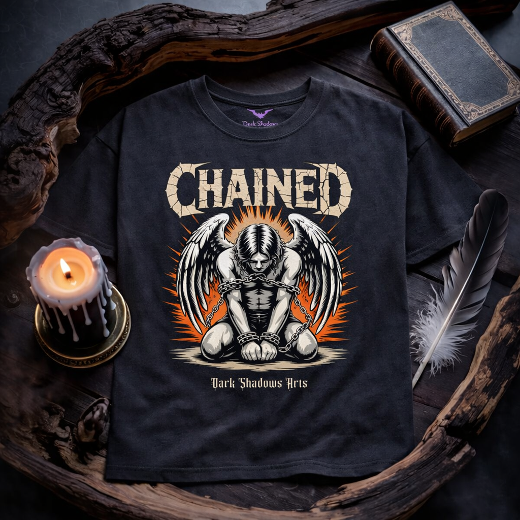 Schwarzes Heavy Cotton Oversized Shirt von Dark Shadows Arts mit Motiv Chained – Gefallener Engel, gefesselter Engel mit weißen Flügeln und intensivem Orange-Glow im Gothic Stil