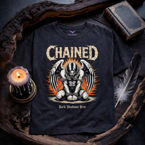 Schwarzes Heavy Cotton Oversized Shirt von Dark Shadows Arts mit Motiv Chained – Gefallener Engel, gefesselter Engel mit weißen Flügeln und intensivem Orange-Glow im Gothic Stil
