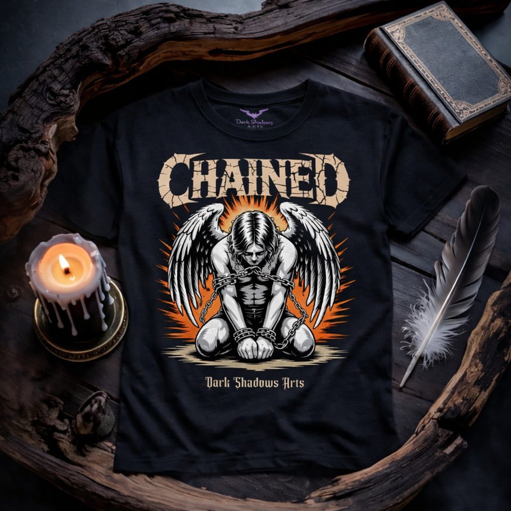Schwarzes Premium T-Shirt von Dark Shadows Arts mit Motiv Chained – Gefallener Engel, gefesselter Engel mit weißen Flügeln und dramatischem Orange-Glow im Gothic Stil