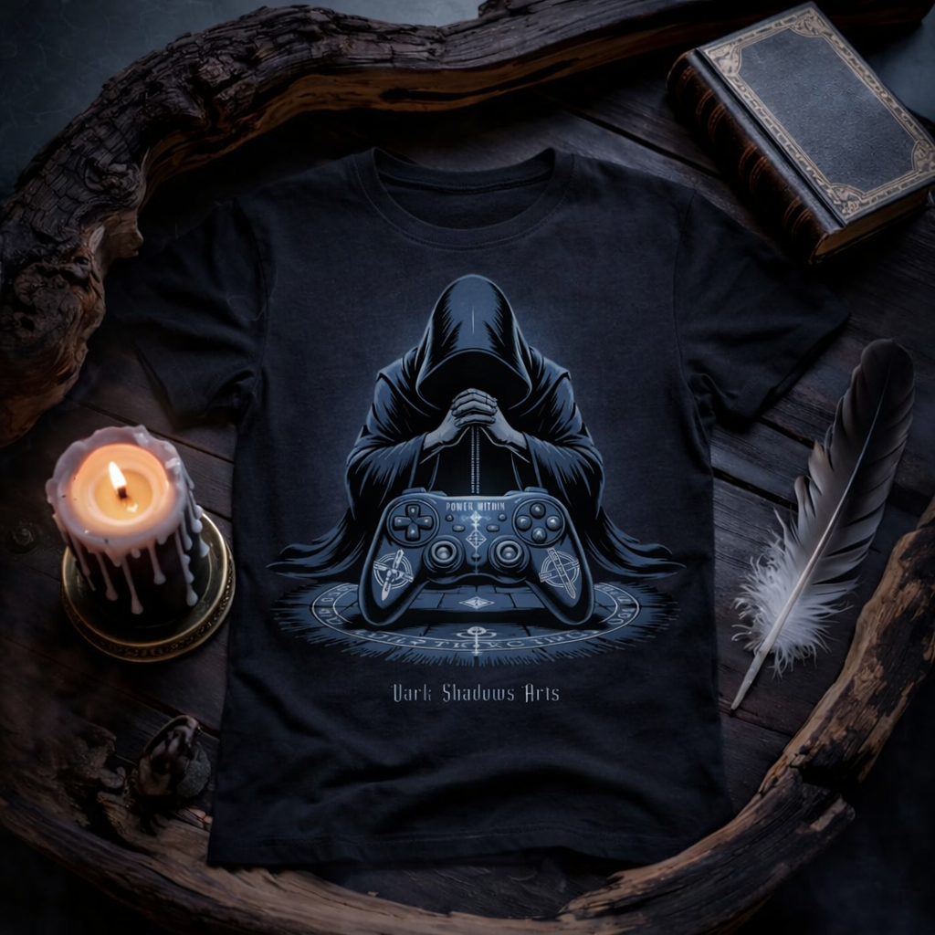 Dark Shadows Arts Power Within Gamer Ritual Oversized Shirt mit mystischem Kapuzen Mönch und okkultem Game Controller im düsteren Kerzenlicht Mockup