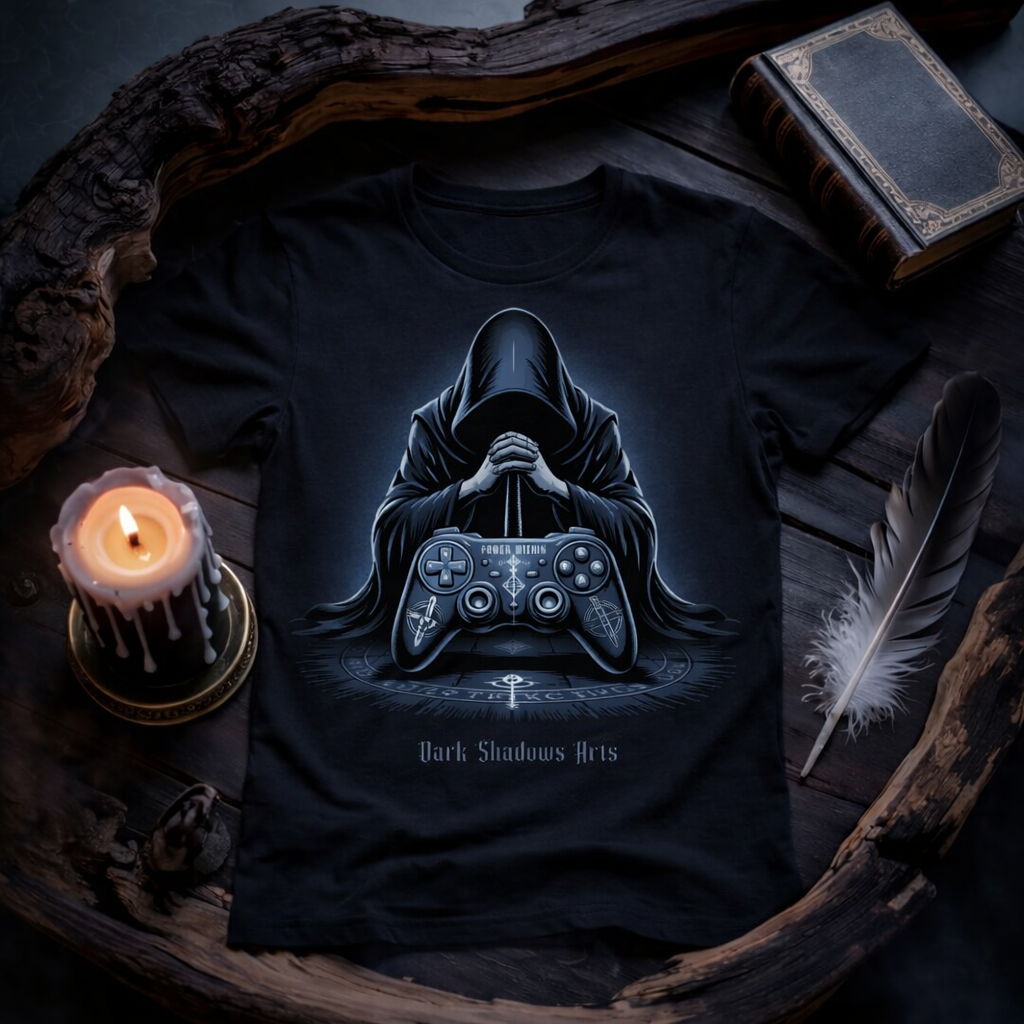 Dark Shadows Arts Gamer Ritual T-Shirt mit mystischem Mönch und okkultem Game Controller im düsteren Kerzenlicht Mockup