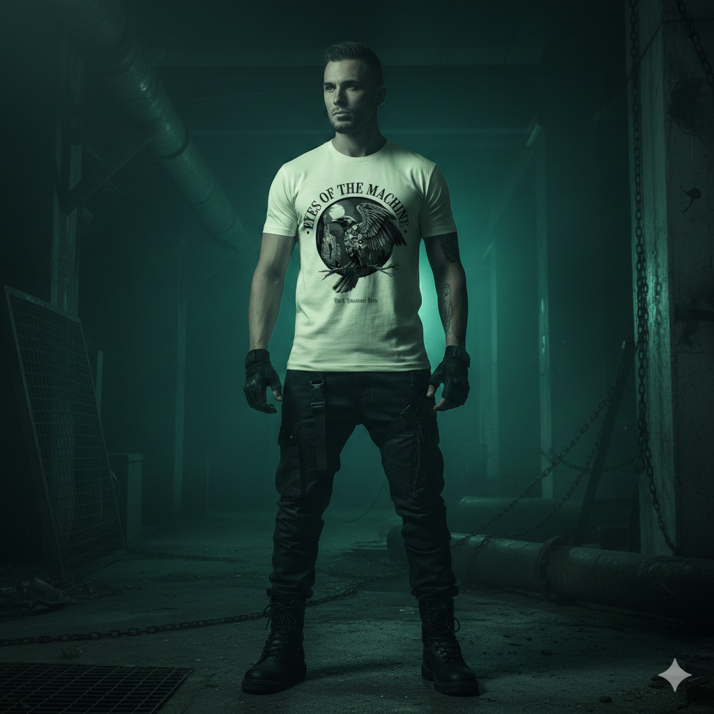 Model trägt „Eyes of the Machine“ Premium T-Shirt von Dark Shadows Arts, Industrial Gothic Design mit mechanischem Rabenmotiv, urbanes Industrie-Setting mit düsterem Licht
