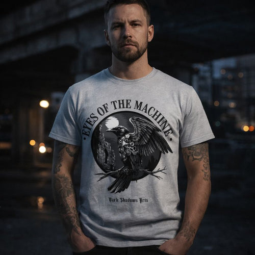 Industrial Gothic Premium T-Shirt „Eyes of the Machine“ von Dark Shadows Arts – mechanischer Rabe mit Zahnrädern vor düsterer Stadt, Dark Gothic Decibels Design auf grauem Shirt