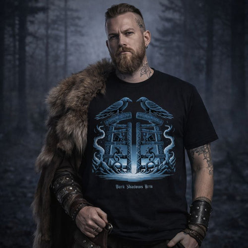 Dark Shadows Arts Gothic T-Shirt „Gates of Valhalla“ mit nordischem Tor, Raben und Wikinger-Symbolik, getragen von Model im düsteren Wald-Setting