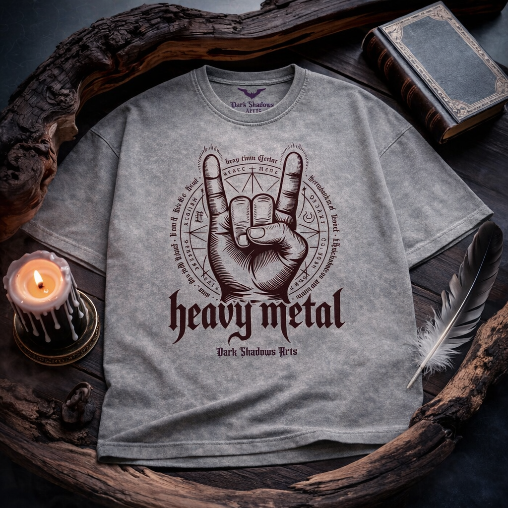 Dark Shadows Arts Heavy Metal Horns Heavy Cotton Oversized Shirt in Grau mit okkultem Metal-Handzeichen, Sigil-Kreis und Gothic „Heavy Metal“ Schriftzug – Dark Gothic Decibels Music Kollektion