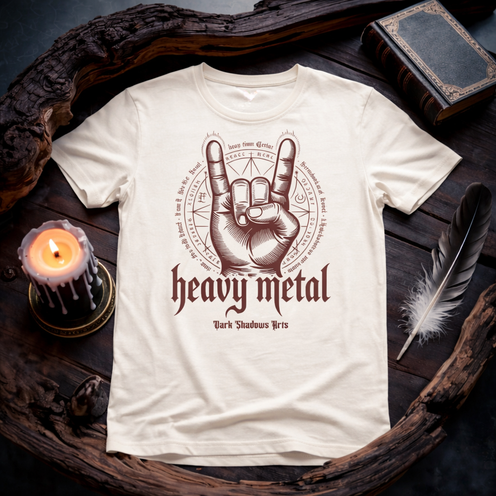 Dark Shadows Arts Heavy Metal Horns Premium T-Shirt in Creme mit okkultem Metal-Handzeichen, Sigil-Kreis und Gothic Schriftzug „Heavy Metal“ – Kategorie Dark Gothic Decibels Music