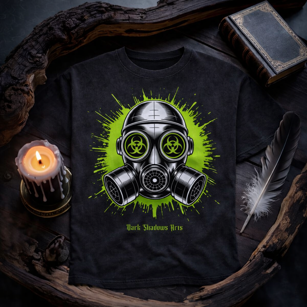Dark Shadows Arts Industrial Gas Mask Oversized Shirt mit neon grünem Biohazard Symbol im düsteren Kerzenlicht Mockup